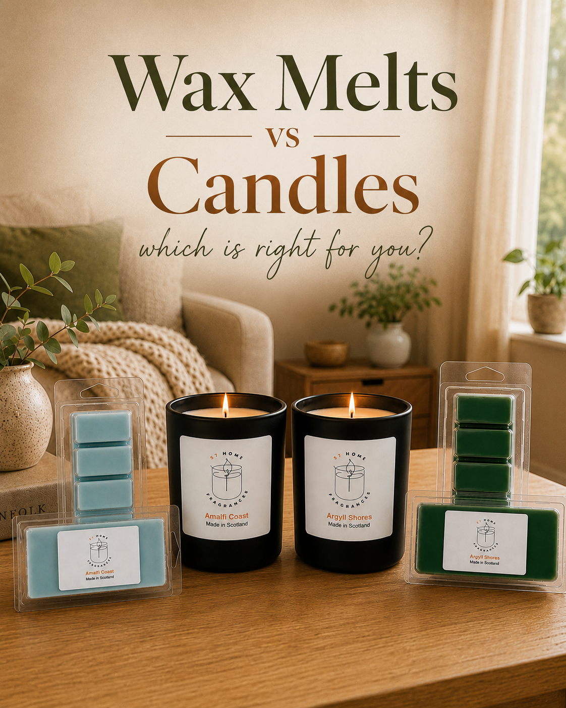 Wax Melts and Candles from S7 Home Fragrances in a wooden table in a home beside a window