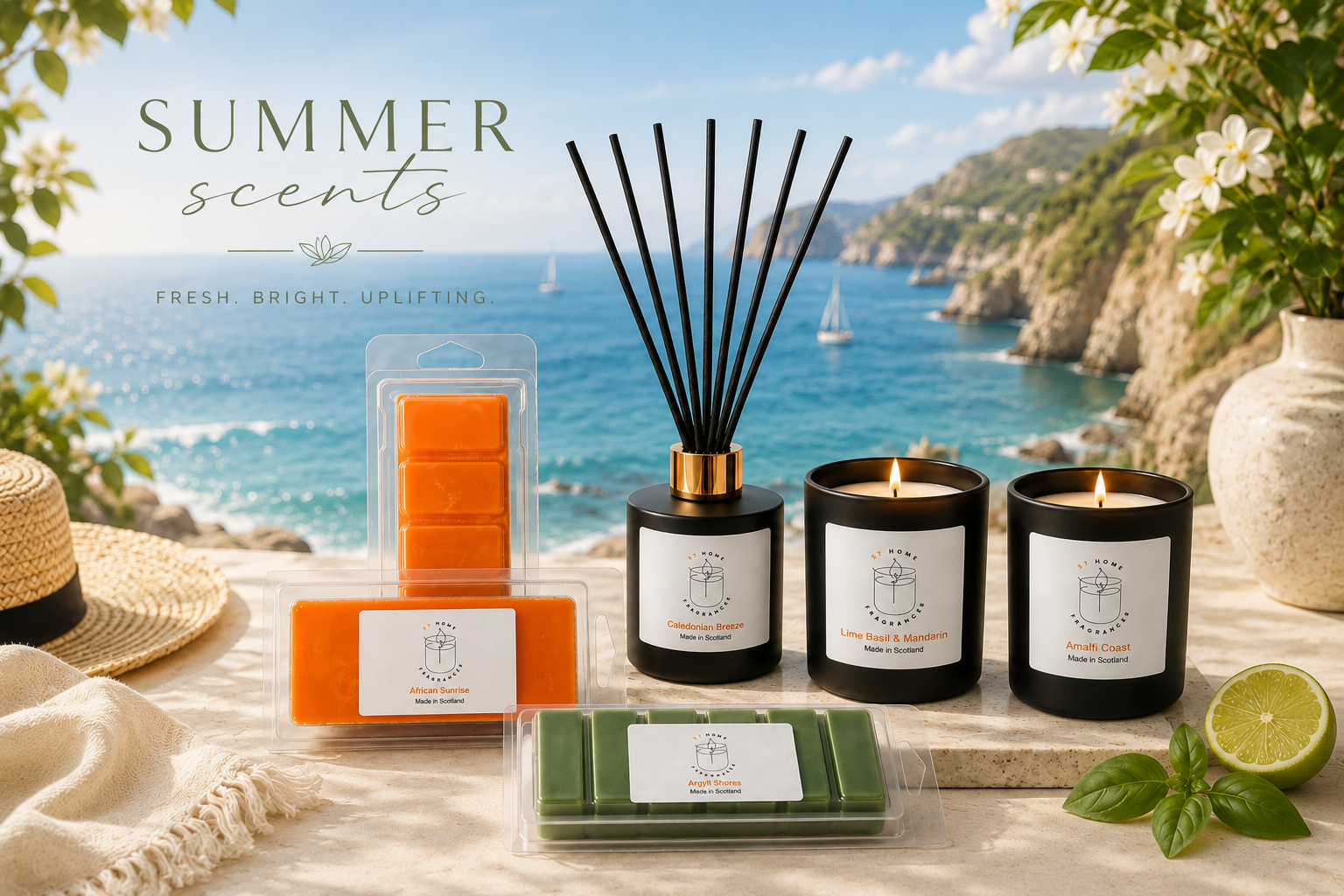 Summer scents flat lay with reed diffuser, candles and wax melts on a beach towel with sea view