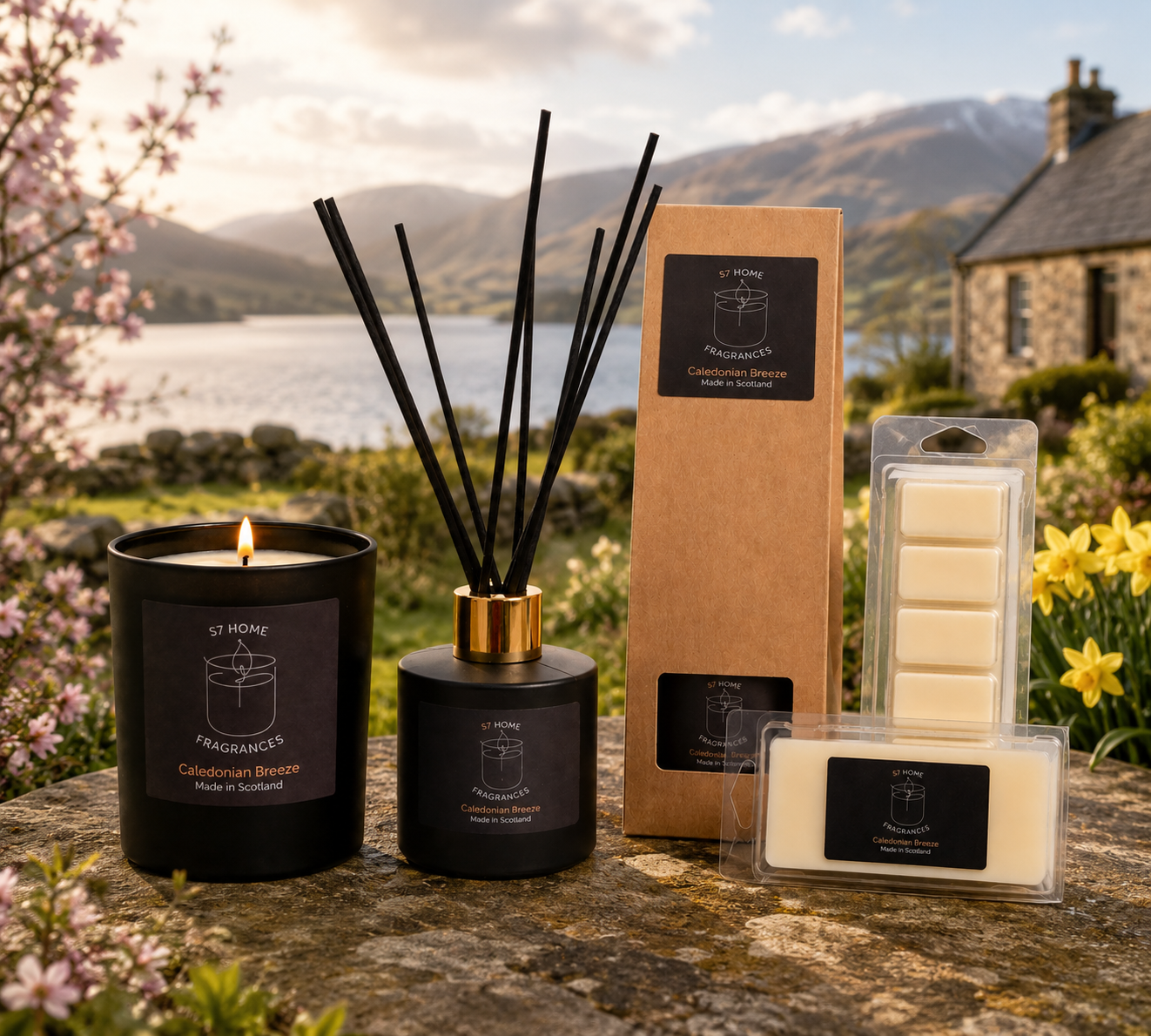 Caledonian Breeze candle, reed diffuser and wax melt on a stone ledge by a loch with spring bloss