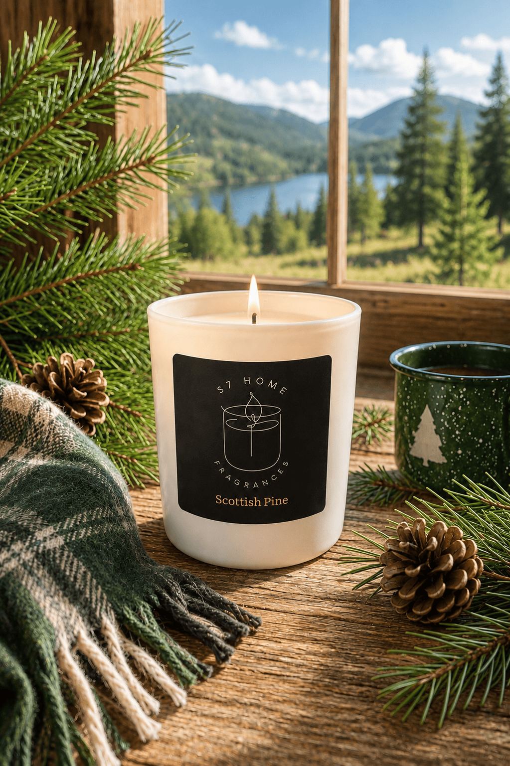Scottish Pine candle lit on a windowsill with pine branches, pinecones and a tartan blanket