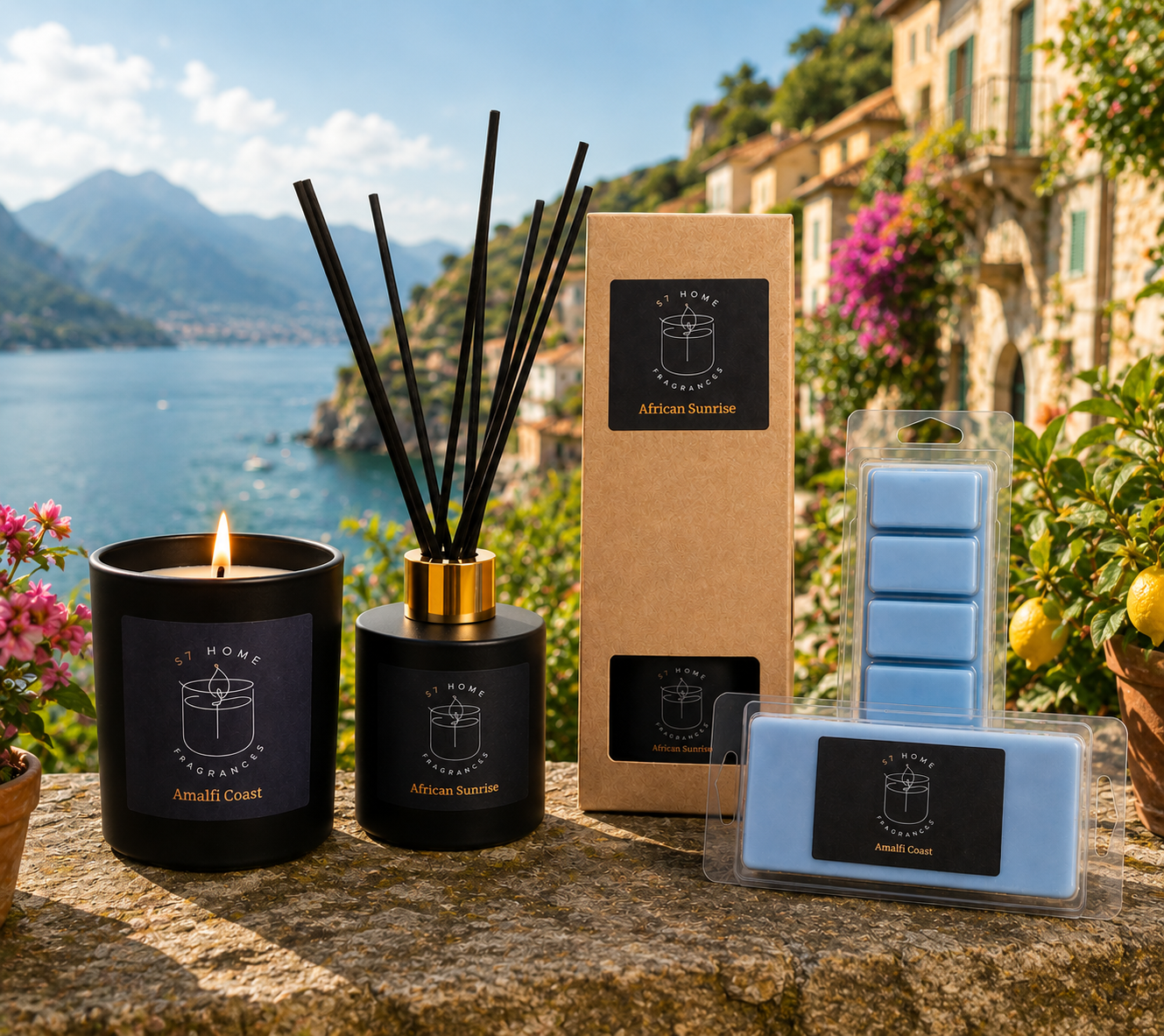 African Sunrise reed diffuser, Amalfi Coast candle and wax melts with a coastal mountain view