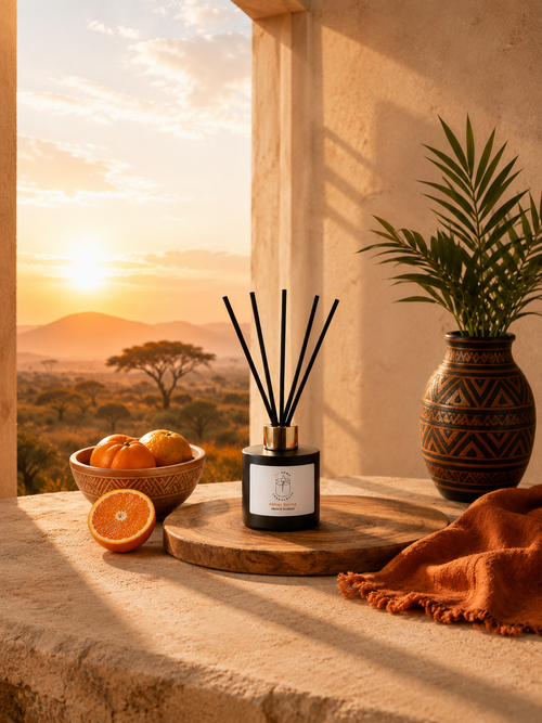 A reed diffuser bottle with black reeds sits on a wooden tray on a stone ledge, styled with oranges, a potted palm, and a rust-colored throw against a warm sunset landscape background.