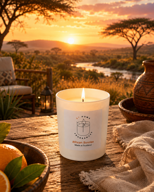 African Sunrise candle in a white jar with trees and sunlight in an African setting
