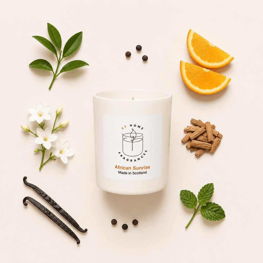 A white scented candle labeled 'S7 Home Fragrance African Sunrise Made in Scotland' arranged in a flat lay with orange slices, vanilla beans, white flowers, cinnamon sticks, and mint leaves on a light beige background.