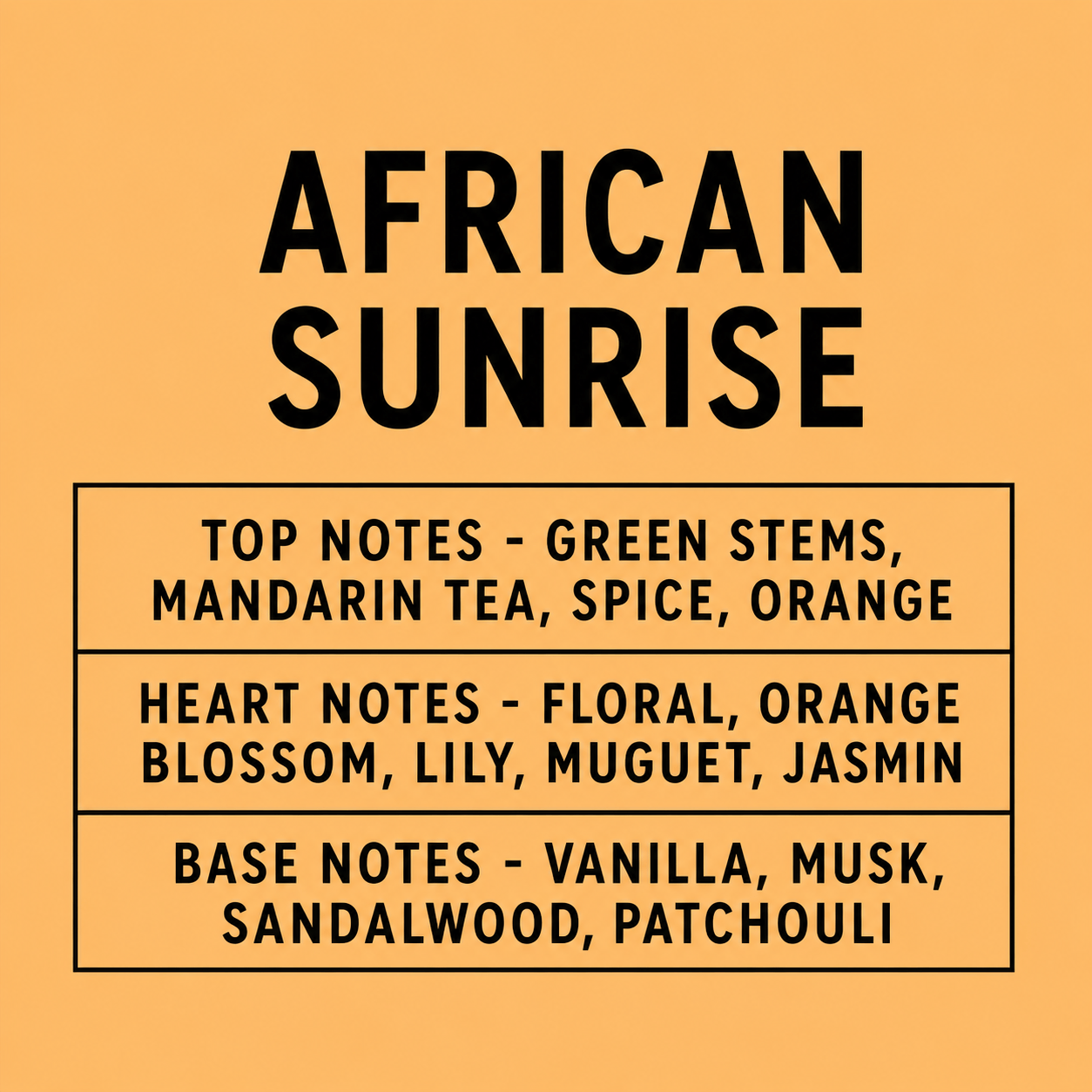 A flat graphic with a warm orange background and large black text reading 'AFRICAN SUNRISE.' Below, three bordered sections list scent notes: top notes including green stems, mandarin tea, spice, and orange; heart notes including floral, orange blossom, lily, muguet, and jasmin; base notes including vanilla, musk, sandalwood, and patchouli.