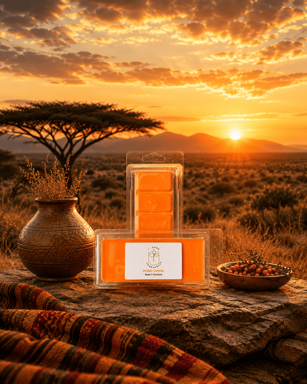 An orange wax melt set in clear plastic packaging with a white label, styled on a rock in front of an African savanna sunset landscape with an acacia tree, a patterned blanket, and a clay pot.