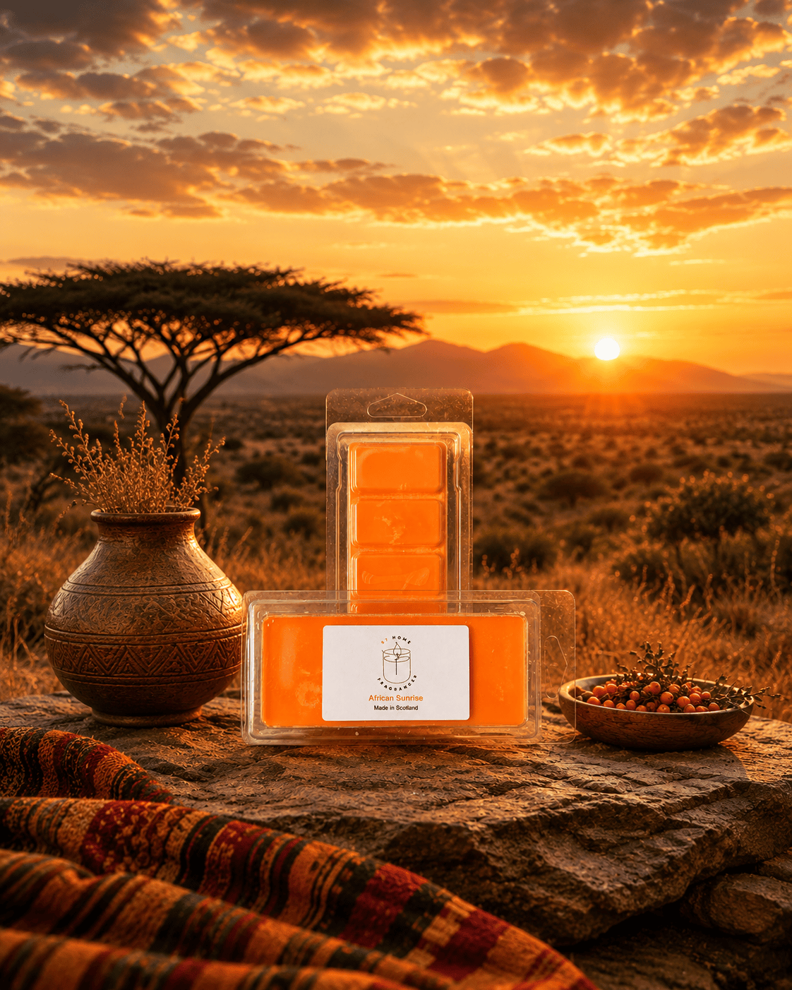 An orange wax melt set in clear plastic packaging with a white label, styled on a rock in front of an African savanna sunset landscape with an acacia tree, a patterned blanket, and a clay pot.