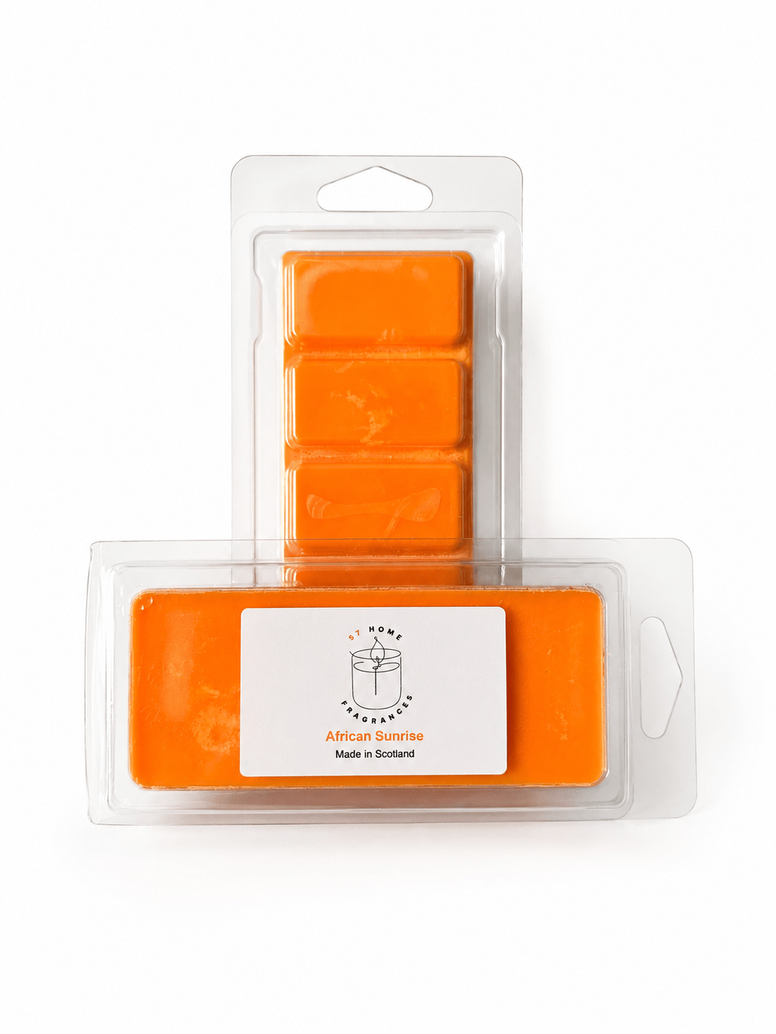 Two packs of bright orange wax melts in clear plastic clamshell packaging on a white background. The front pack has a white label reading 'African Sunrise' and 'Made in Scotland' 