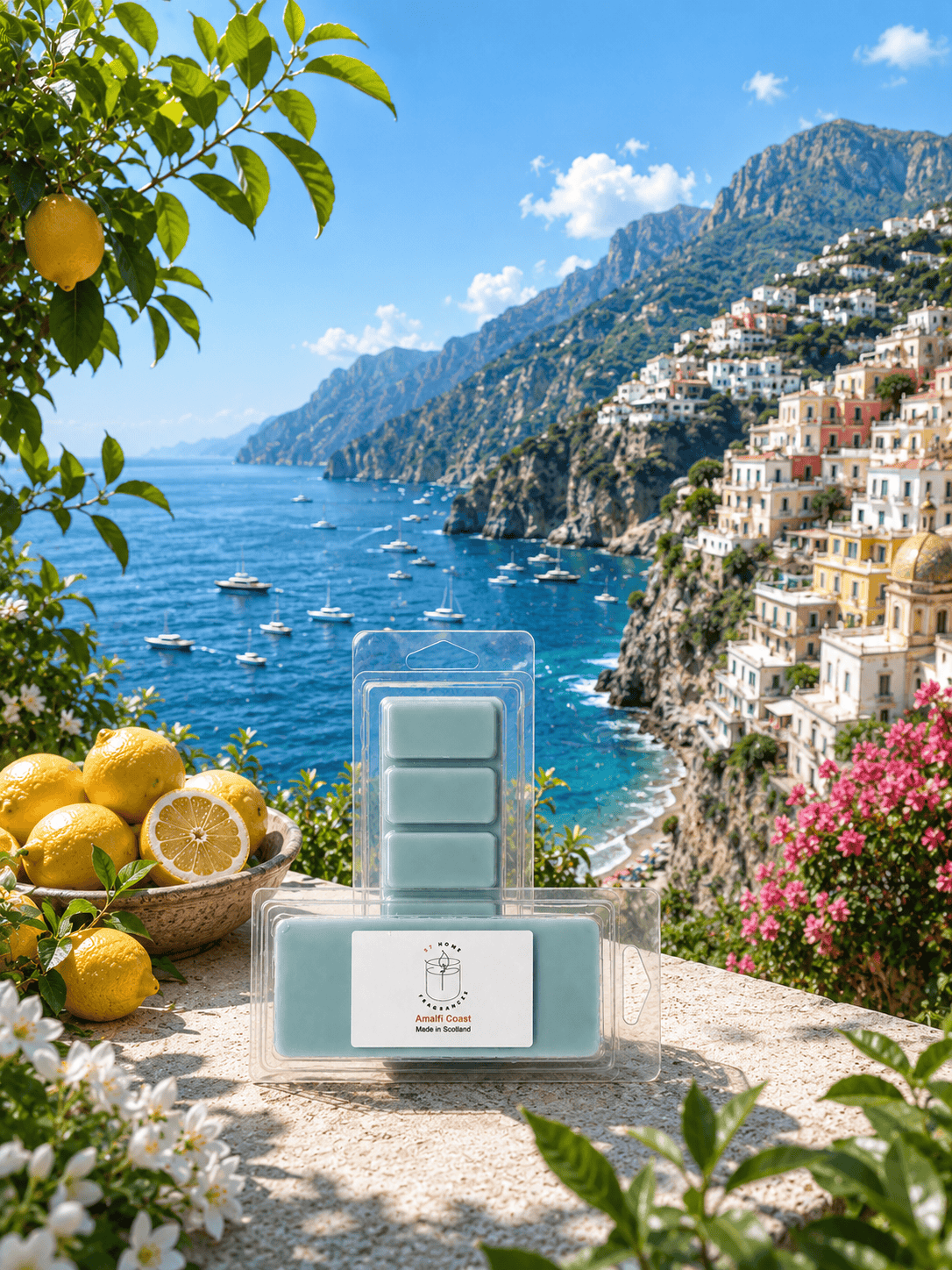 A packaged bar of a wax melt product labeled 'Amalfi Coast' is displayed in front of a scenic coastal landscape with blue sea, mountains, and lemon trees. The product itself is pale mint green and sits on a stone surface with lemons and flowers around it.