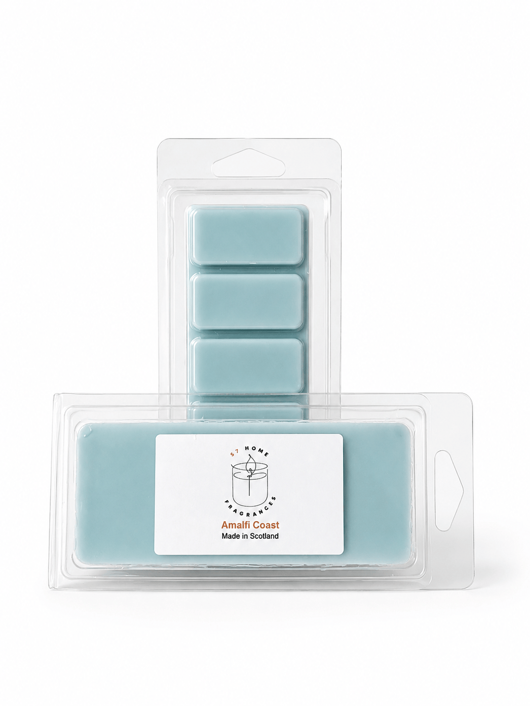 A wax melt package from S7 Home Fragrances featuring light blue wax melts in clear plastic clamshell packaging, with a front label reading 'Amalfi Coast' and 'Made in Scotland'.