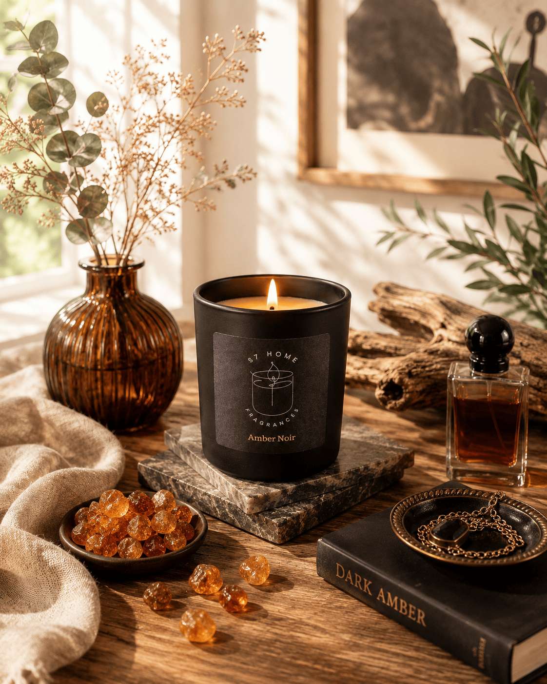 A black scented candle labeled 'S7 Home Fragrances' and 'Amber Noir' sits lit on a stone slab on a rustic wooden table, surrounded by dried flowers in a ribbed amber glass vase, amber crystals, a perfume bottle, and a book.