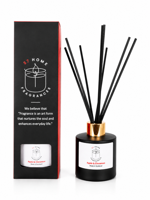 S7 Home Fragrances 'Apple & Cinnamon' reed diffuser with a black glass bottle next to its packaging on a white background.
