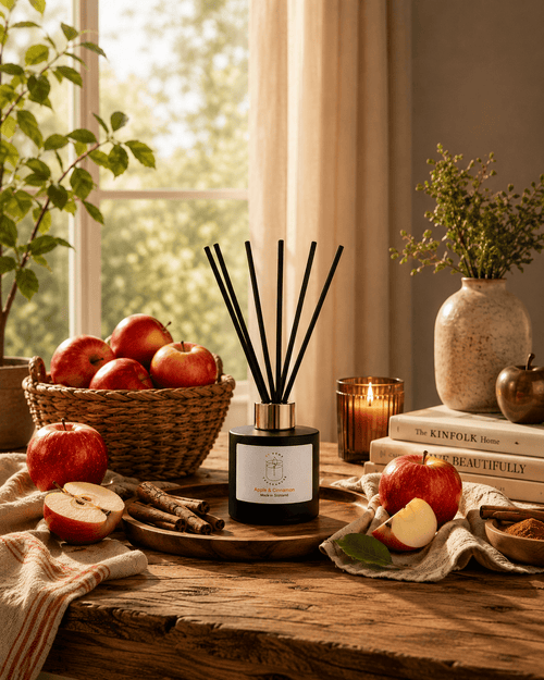 Apple & Cinnamon — a reed diffuser bottle with autumn styling