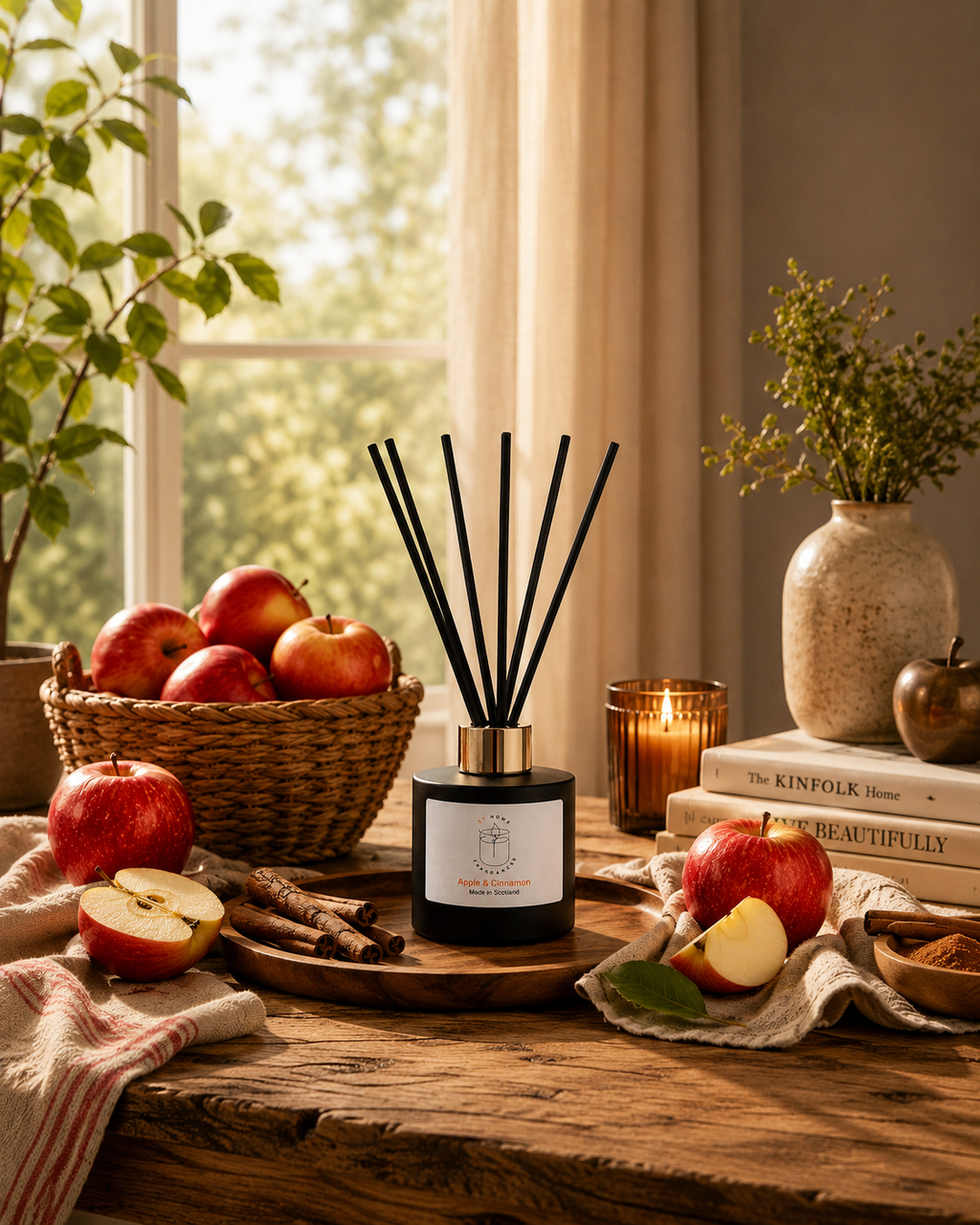 A reed diffuser bottle with black reeds stands on a rustic wooden table in a warm, autumnal room setting. The scene includes red apples, cinnamon sticks, a lit candle, books, and a vase in the background.