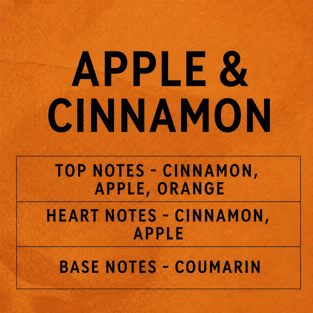 Text on an orange background describing the fragrance notes of 'Apple & Cinnamon'.