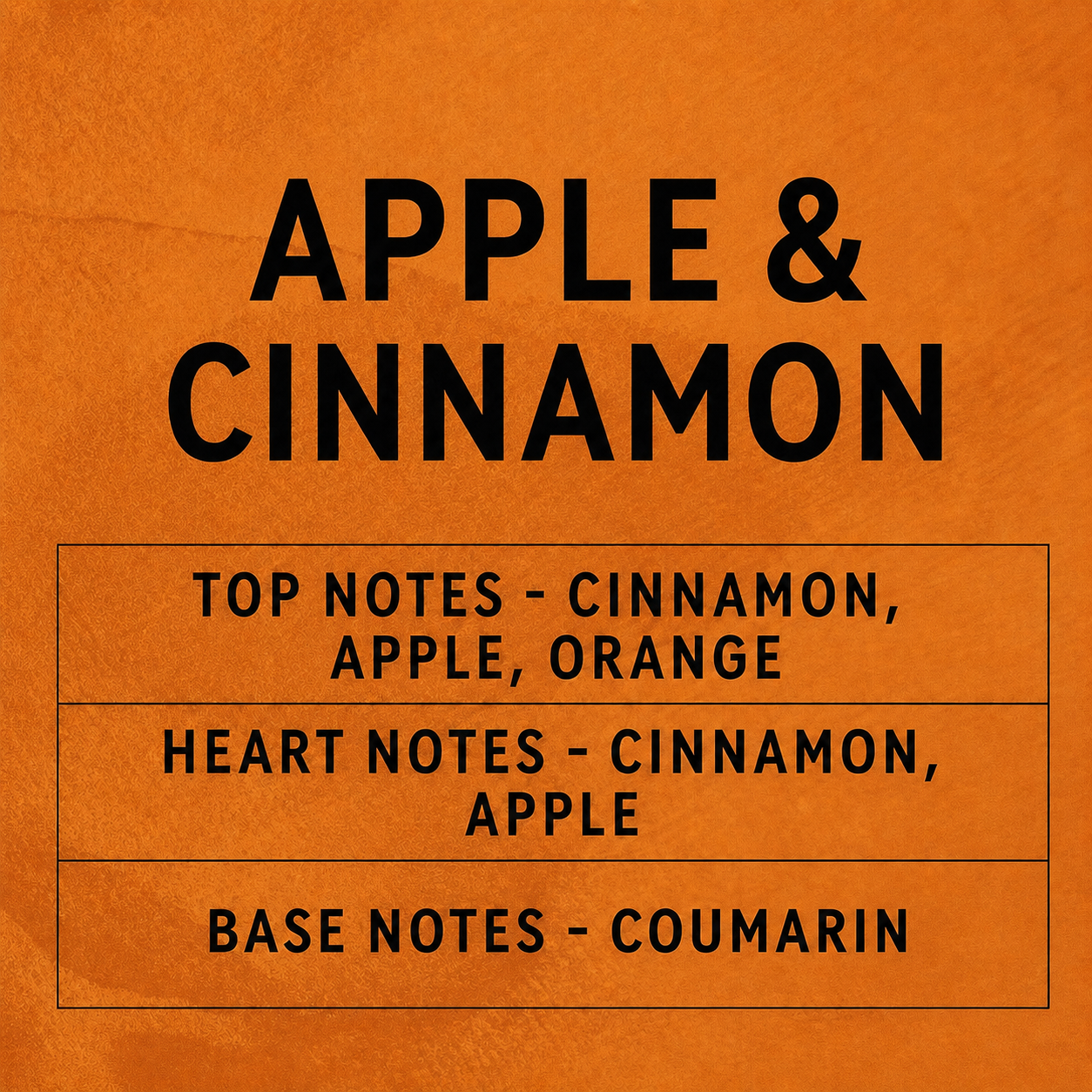 Text on an orange background describing the fragrance notes of 'Apple & Cinnamon'.