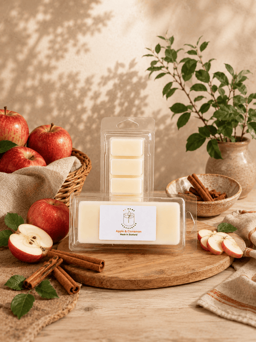 Apple & Cinnamon — two wax melts in clear plastic clamshell packaging with autumn styling