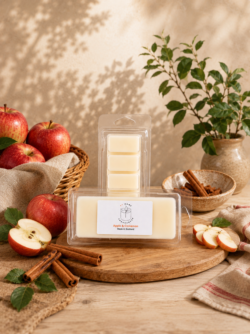 Two wax melts in clear plastic clamshell packaging on a wooden board, surrounded by apples, cinnamon sticks, and green leaves in a warm styled setting.