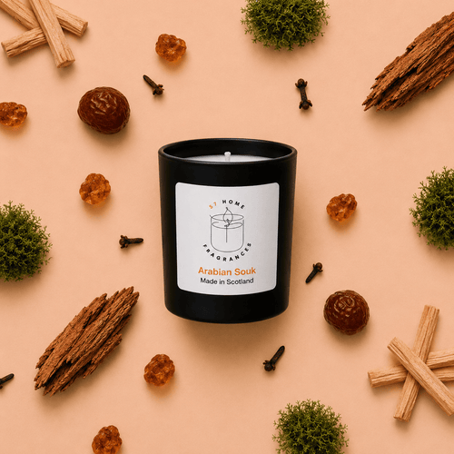 Arabian Souk — a black scented candle jar with autumn styling