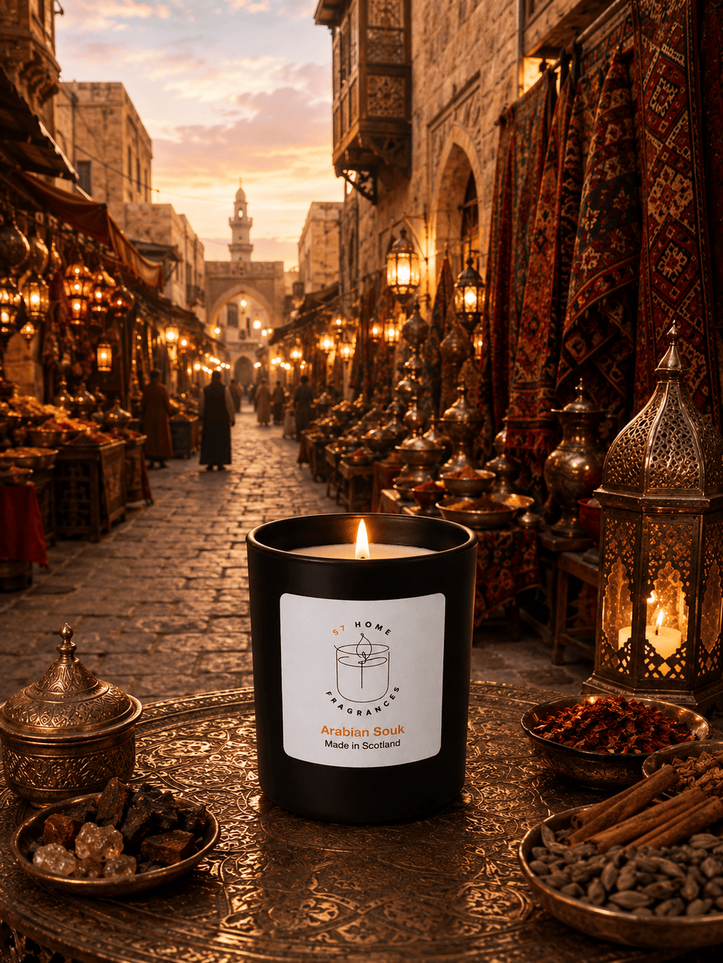 A black scented candle with a white label reading 'S7 Home Fragrances' and 'Arabian Souk' sits on an ornate bronze table in a detailed, warmly lit Middle Eastern market street scene.