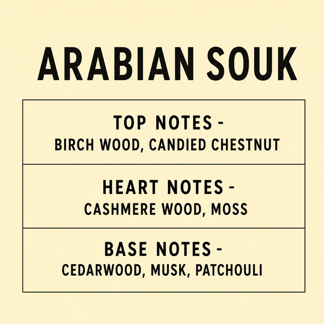 A text-based graphic with the title 'ARABIAN SOUK' in large black letters on a warm cream background, followed by three labeled sections: 'TOP NOTES - BIRCH WOOD, CANDIED CHESTNUT,' 'HEART NOTES - CASHMERE WOOD, MOSS,' and 'BASE NOTES - CEDARWOOD, MUSK, PATCHOULI.'.