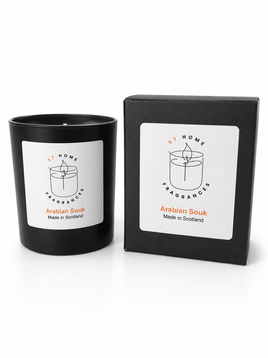 A black candle jar with a white label next to its matching black box packaging, both featuring the brand 'S7 HOME FRAGRANCES' and the scent name 'Arabian Souk'.