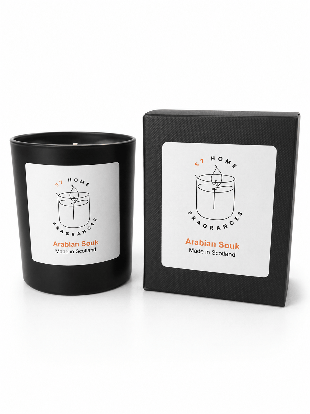A black candle jar with a white label next to its matching black box packaging, both featuring the brand 'S7 HOME FRAGRANCES' and the scent name 'Arabian Souk'.