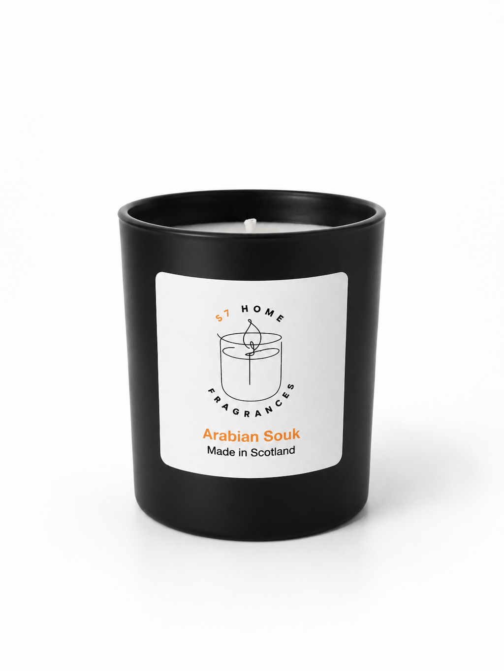 A matte black glass jar candle with a white label reading 'S7 Home Fragrances' and 'Arabian Souk Made in Scotland' on a clean white background.
