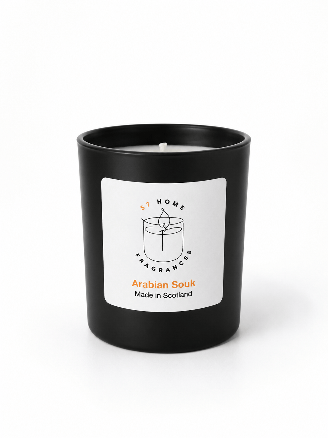 A matte black glass jar candle with a white label reading 'S7 Home Fragrances' and 'Arabian Souk Made in Scotland' on a clean white background.
