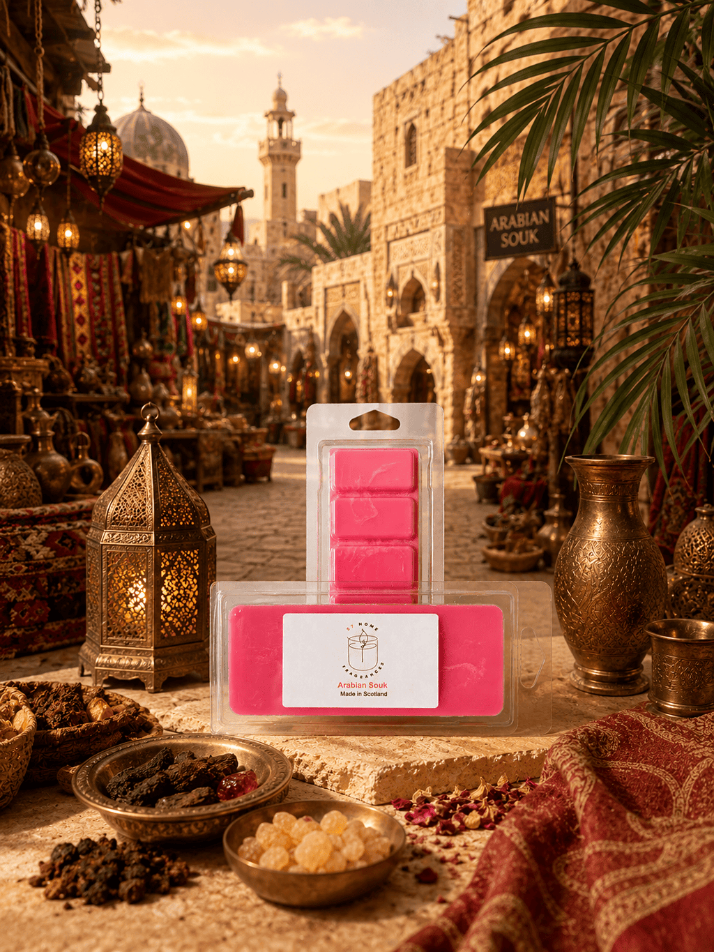 A packaged set of bright pink wax melts displayed in clear plastic packaging on a stone surface, with an ornate Arabian-themed market scene in the background. The front package has a white label reading 'Arabian Souk'.