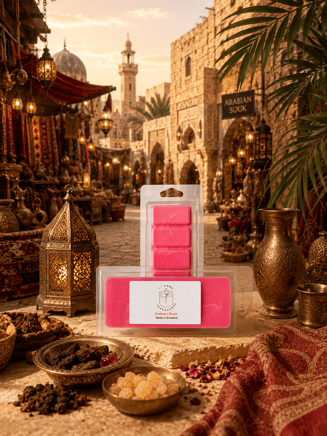 A packaged set of bright pink wax melts displayed in clear plastic packaging on a stone surface, with an ornate Arabian-themed market scene in the background. The front package has a white label reading 'Arabian Souk'.