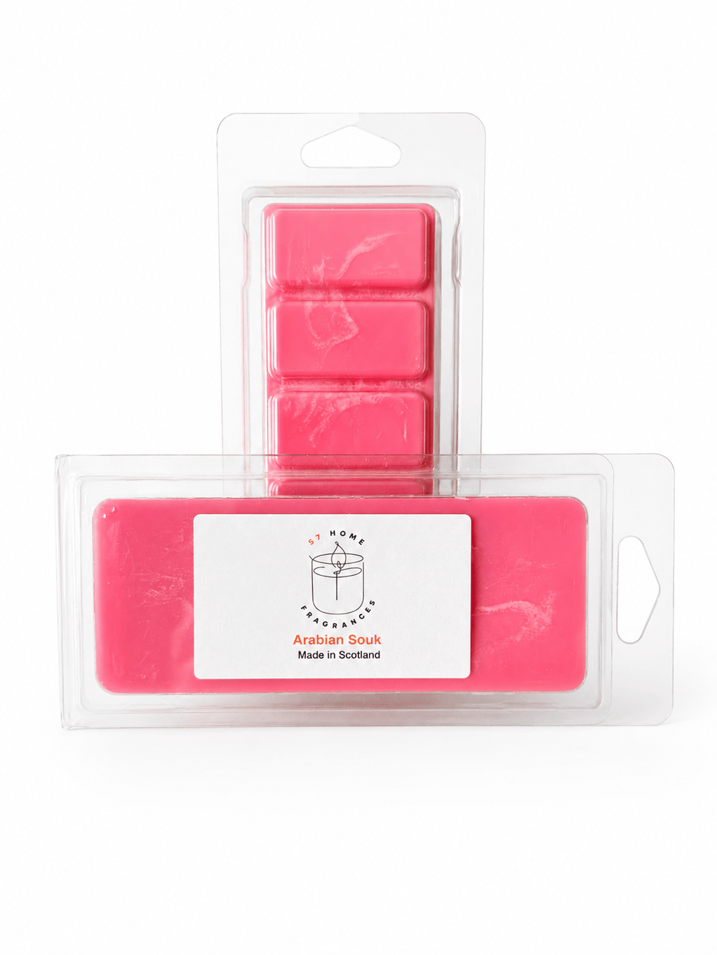 A pack of five pink wax melts in a clear plastic clamshell package with a white label reading 'Arabian Souk' and 'Made in Scotland'.
