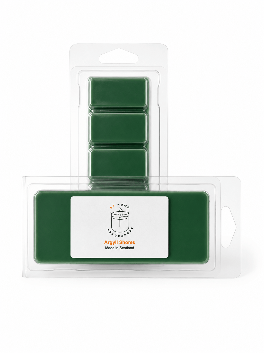 A package of five dark green "Argyll Shores' wax melts in a clear plastic clamshell display. The front stone features a white label with the brand name 'Argyll Shores' and 'Made in Scotland'.