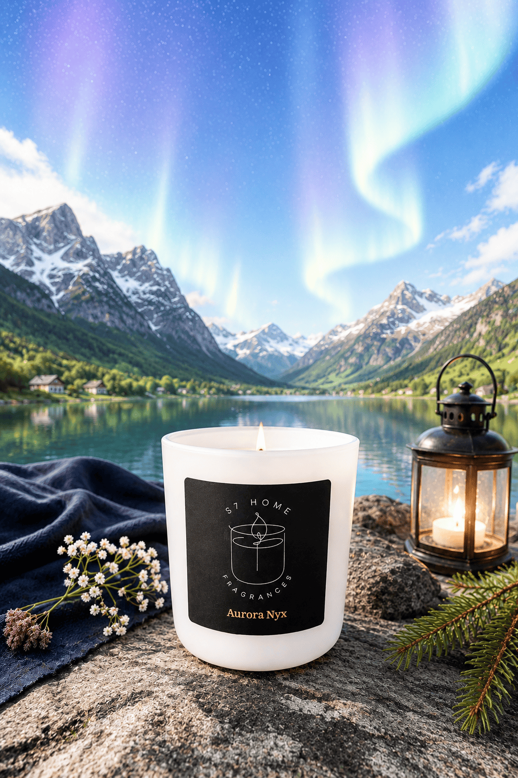 A white candle with a black label reading 'S7 Home Fragrances' and 'Aurora's Nyx' sits on a rock in front of a scenic mountain lake landscape with aurora lights. A lantern, flowers, and greenery surround the candle.