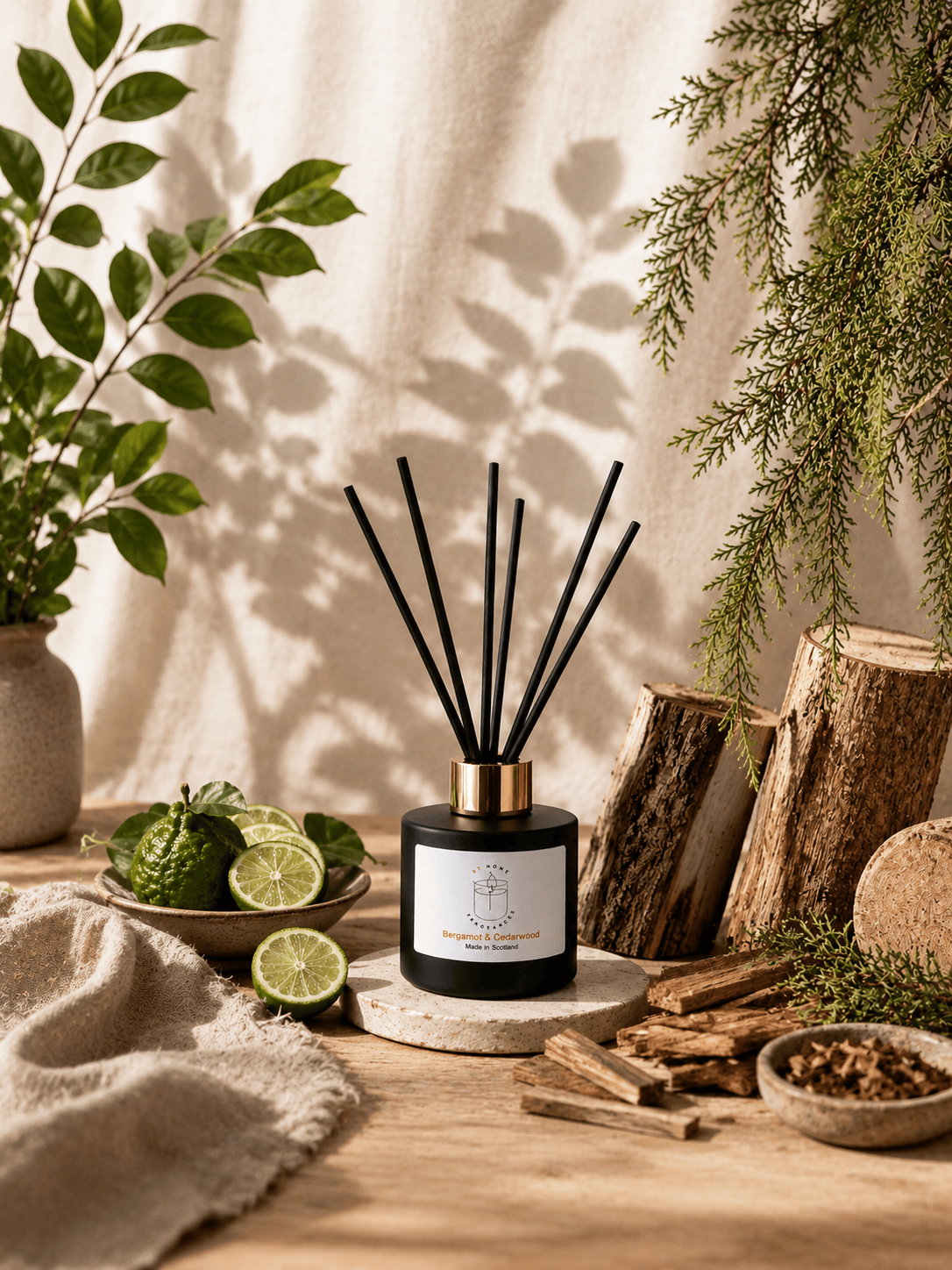 A reed diffuser bottle with black reeds and a gold collar sits on a wooden surface in a styled natural setting with wood logs, greenery, and citrus slices against a beige fabric backdrop.