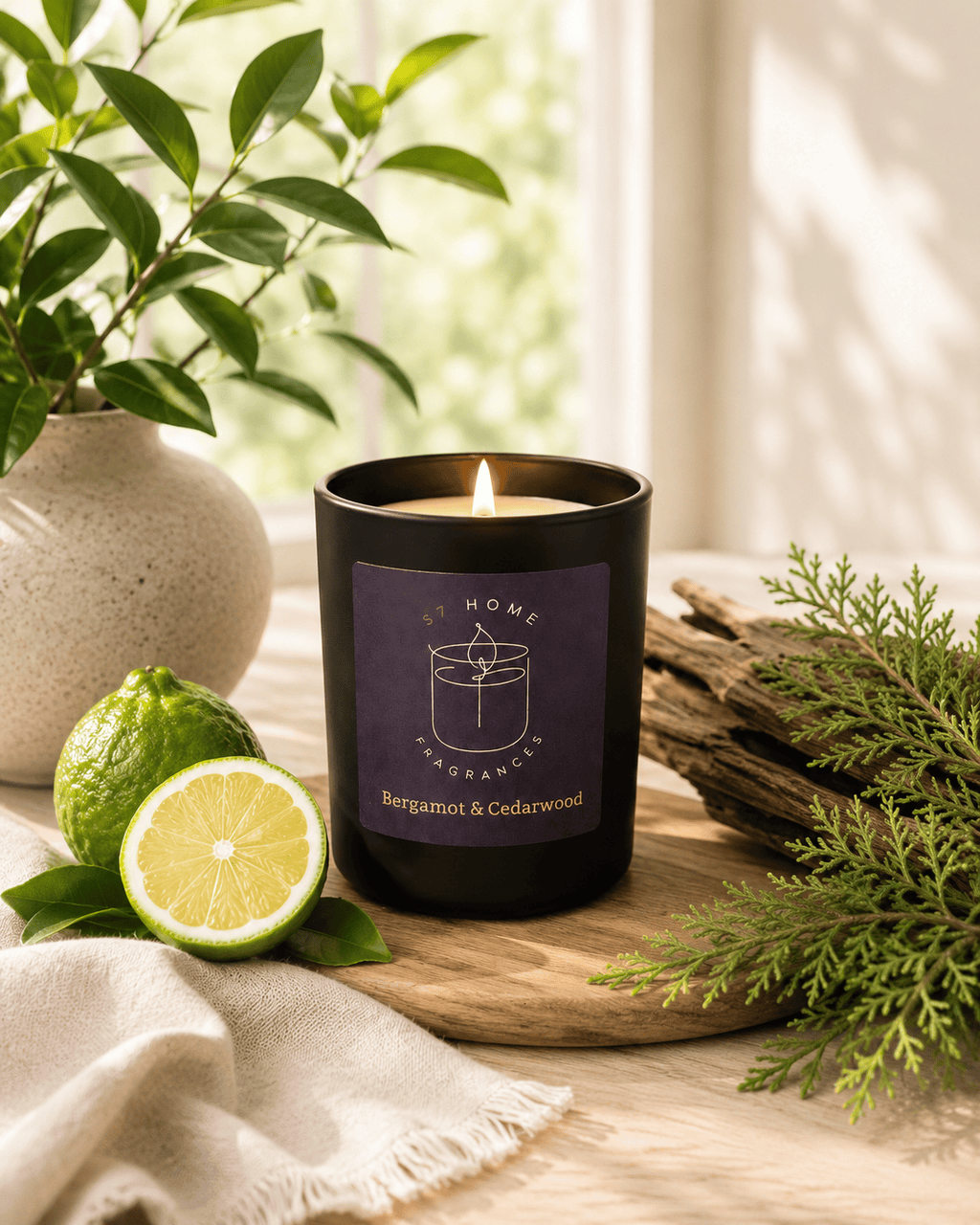 A lit black glass candle jar with a dark label reading 'S7 Home Fragrances' with a scent of 'Bergamot & Cedarwood' sits on a wooden board in a styled setting with a lime, greenery, and a vase in the background.