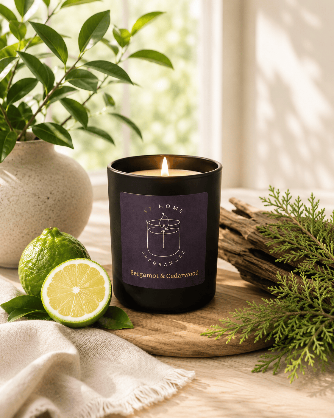 A lit black glass candle jar with a dark label reading 'S7 Home Fragrances' with a scent of 'Bergamot & Cedarwood' sits on a wooden board in a styled setting with a lime, greenery, and a vase in the background.
