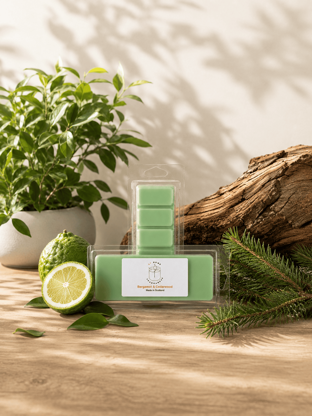 Bergamot & Cedarwood wax melt in clear plastic packaging with decorative items surrounding on a wooden table