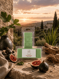 A packaged green wax melt set displayed outdoors on a stone surface with figs, a plant, and a scenic sunset landscape in the background. The front label reads 'Black Fig & Vetiver' and 'Made in Scotland'.