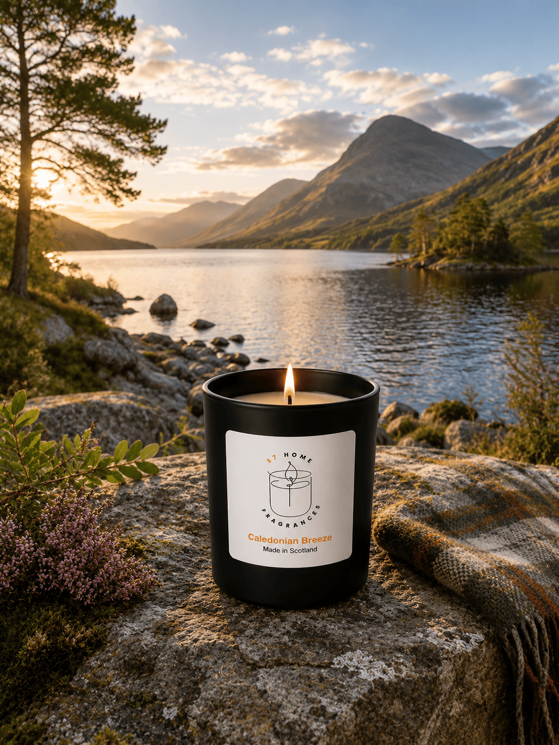 A black scented candle jar with a white label sits on a rocky lakeside at sunset, with mountains, water, trees, and a plaid blanket in the background. The label reads 'S7 Home Fragrances' and 'Caledonian Breeze'.