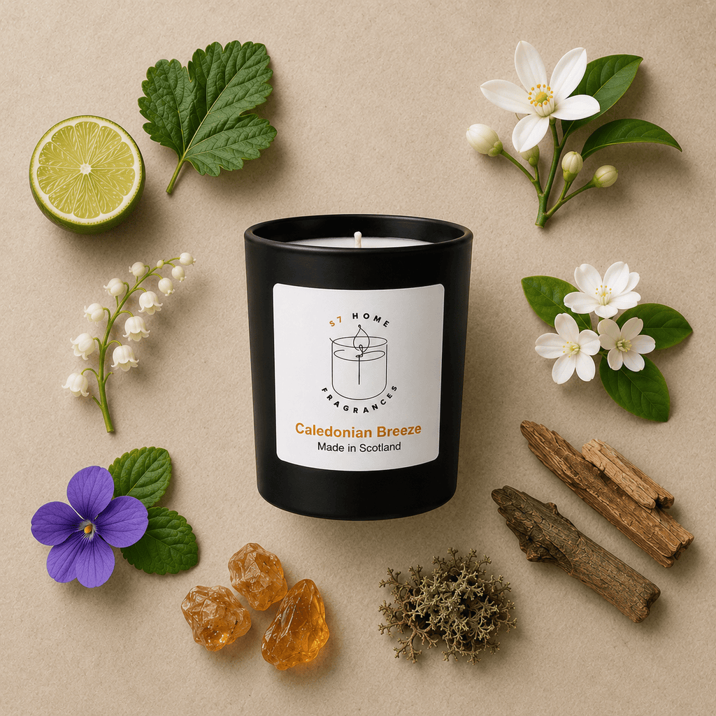 A black candle jar labeled 'Caledonian Breeze' by S7 Home Fragrance, styled in a flat lay with botanical ingredients including a lime slice, white flowers, purple blossoms, green leaves, dried herbs, and cinnamon sticks on a beige background.