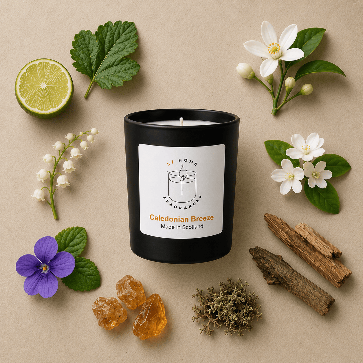 A black candle jar labeled 'Caledonian Breeze' by S7 Home Fragrance, styled in a flat lay with botanical ingredients including a lime slice, white flowers, purple blossoms, green leaves, dried herbs, and cinnamon sticks on a beige background.