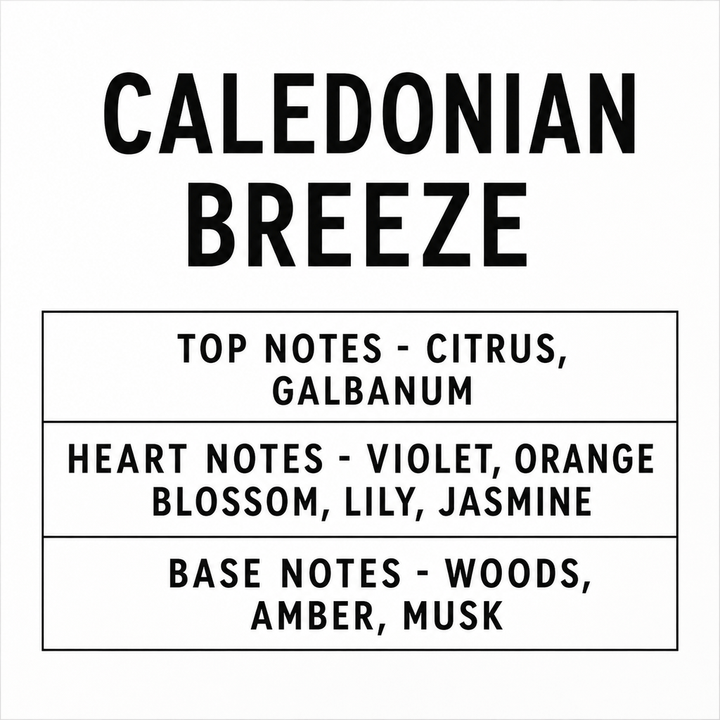 A minimalist white square graphic with the text 'CALEDONIAN BREEZE' in large black letters at the top, followed by three bordered sections listing scent notes: 'TOP NOTES - CITRUS, GALBANUM', 'HEART NOTES - VIOLET, ORANGE BLOSSOM, LILY, JASMINE', and 'BASE NOTES - WOODS, AMBER, MUSK'.