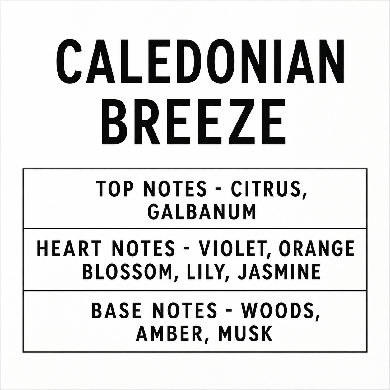 A minimalist white square graphic with the text 'CALEDONIAN BREEZE' in large black letters at the top, followed by three bordered sections listing scent notes: 'TOP NOTES - CITRUS, GALBANUM', 'HEART NOTES - VIOLET, ORANGE BLOSSOM, LILY, JASMINE', and 'BASE NOTES - WOODS, AMBER, MUSK'.