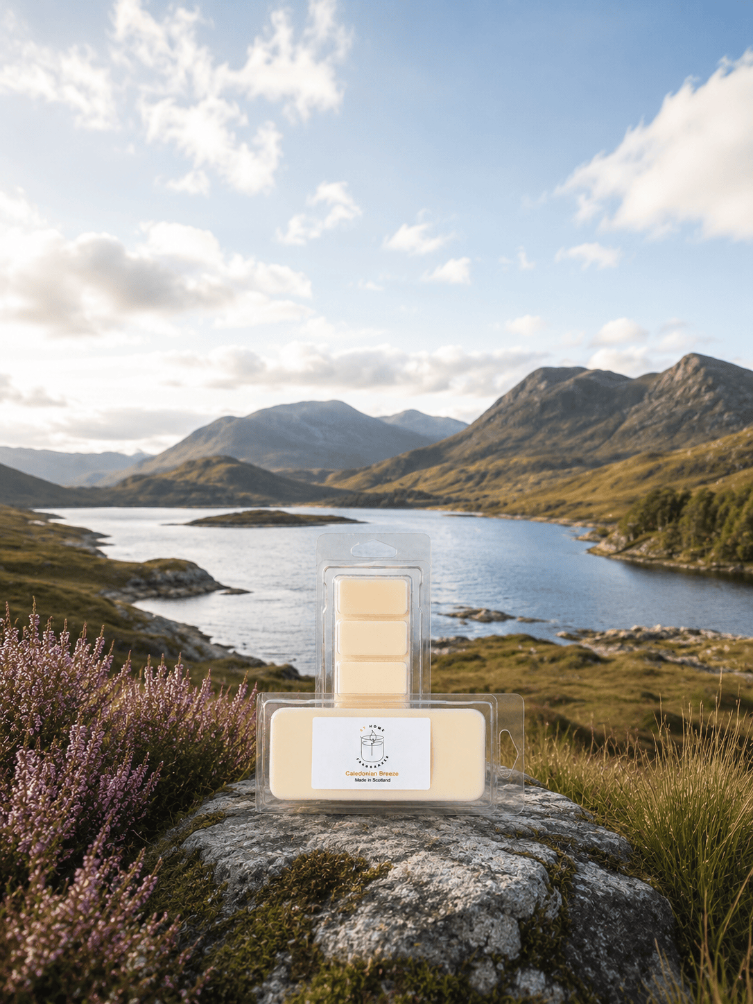 A packaged bar of a wax melt product displayed outdoors on a rock in a mountain lake landscape. The product is a cream-colored rectangular bar in a clear plastic sleeve with a white label, set against a scenic background of hills, water, and sky.