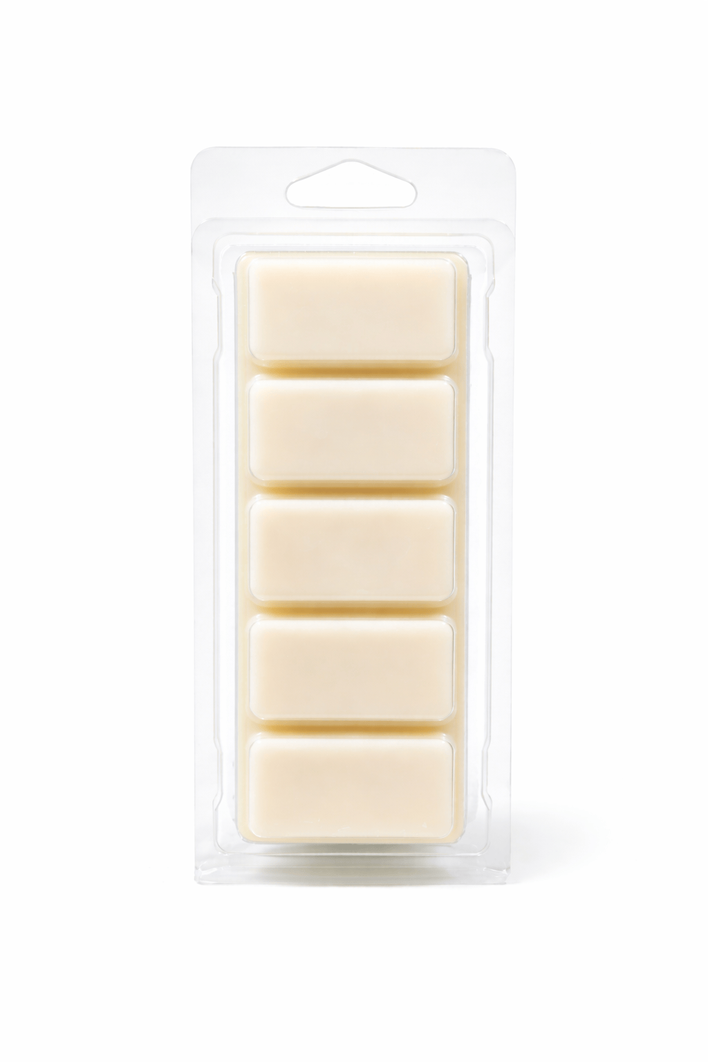 Pack of five cream-colored wax melts in a clear plastic packaging on a white background