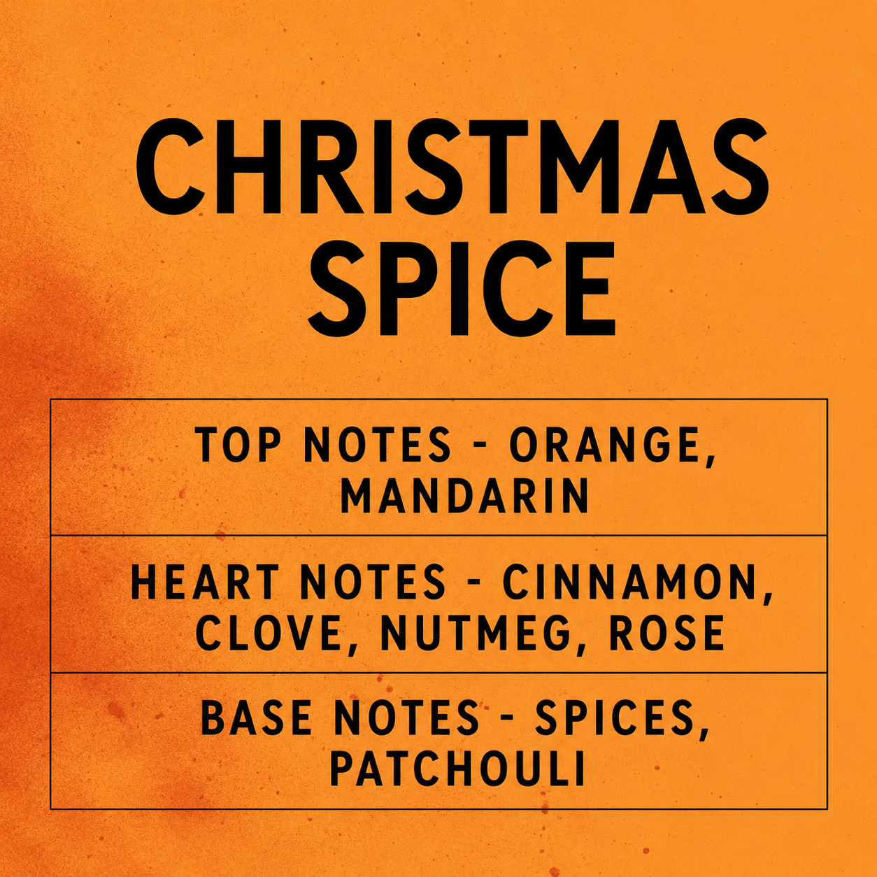 Text on an orange background describing the notes of 'Christmas Spice'.