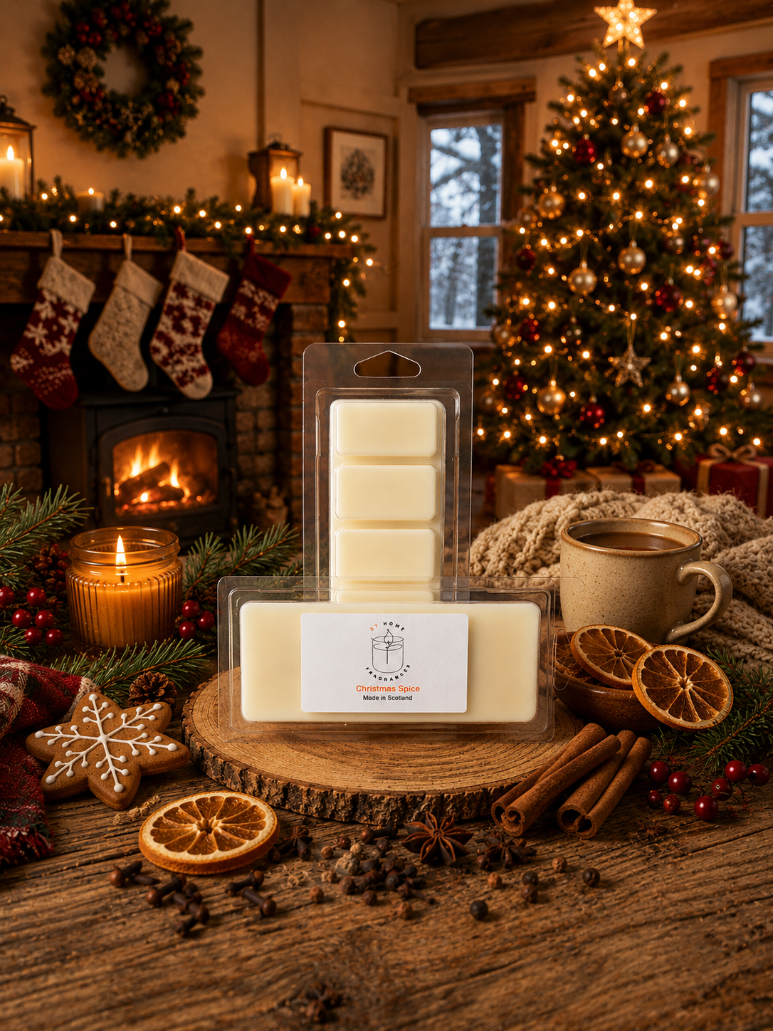 A packaged set of cream-colored wax melts displayed on a rustic wooden surface in a cozy holiday room. The scene includes a lit fireplace, stockings, a Christmas tree with warm lights, a mug, dried orange slices, cinnamon sticks, and decorative cookies.
