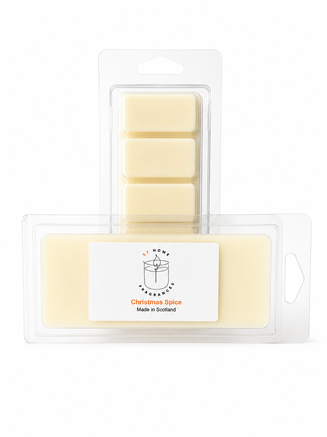 Two wax melts packages on a white background: a smaller clear blister pack with five pale cream wax blocks behind a larger clear package labeled 'Christmas Spice' with a candle icon and 'Made in Scotland'.