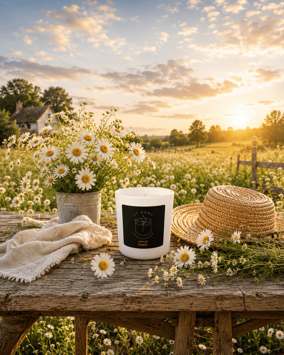 A white candle jar with a black label sits on a rustic wooden table outdoors at sunset, surrounded by daisies, a straw hat, a folded cream cloth, and a small potted bouquet of daisies in a field.